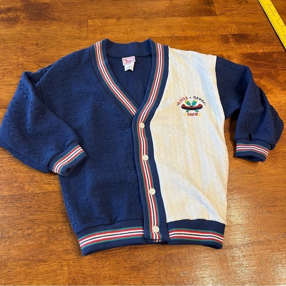 Vintage Buster Brown Kayak Canoe Crew navy white cardigan size 3t made in USA